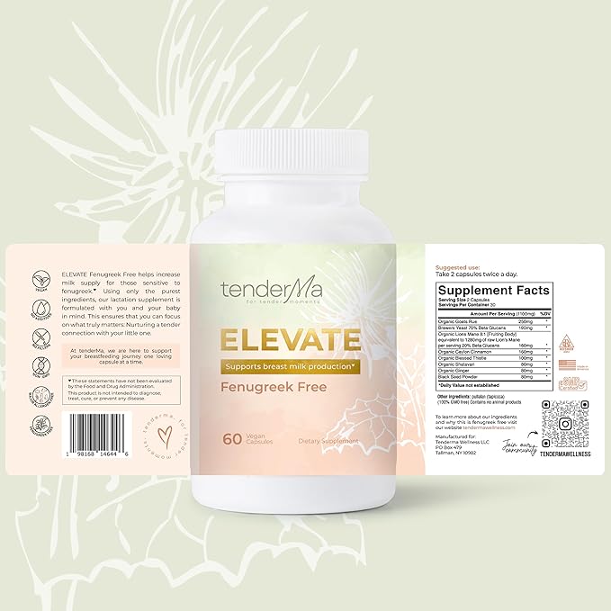 Elevate Fenugreek Free Lactation Support Supplement – Supports Breastfeeding Wellness with Organic Goat’s Rue, Lion’s Mane, Blessed Thistle & Brewer’s Yeast – 60 Capsules
