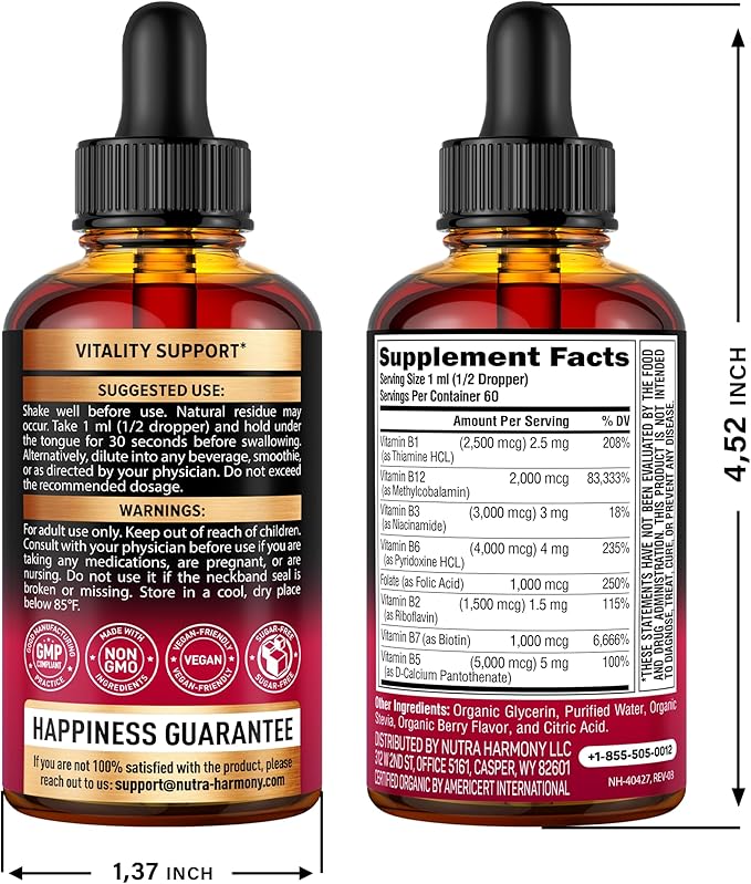 USDA Organic Vitamin B-Complex B5 Pantothenic Acid | B12 Methylcobalamin | B1 Thiamine | B6 Pyridoxine | B7 Biotin | B9 Folic | B3 Niacinamide - B Complex Liquid Drops, Made in USA Supplement, 2fl oz