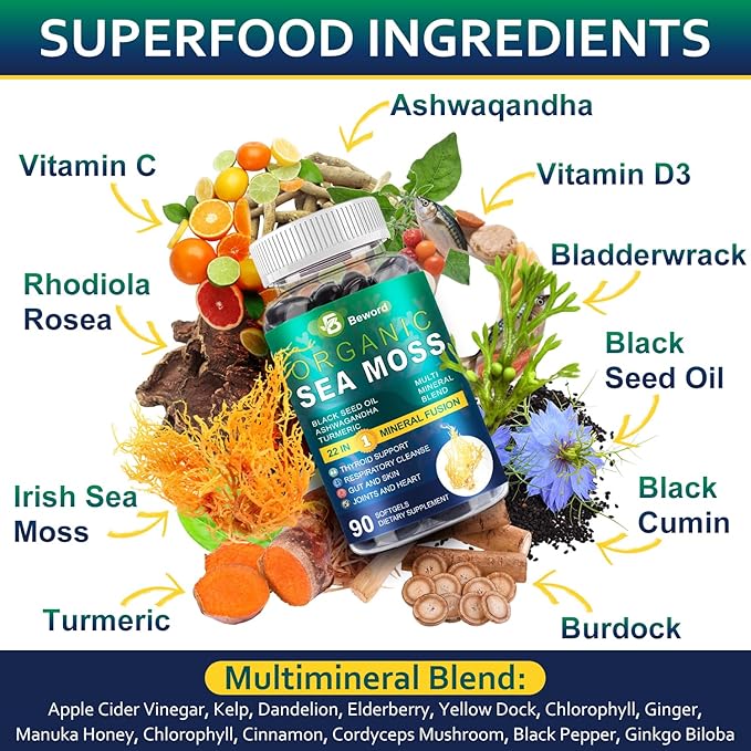 Organic Sea Moss Softgels, 90 Capsules - with Irish Sea Moss, Vitamin C, D3, Black Seed Oil, Ashwagandha, Turmeric, Bladderwrack, Burdock, Rhodiola Rosea - Immune, Skin & Energy Support, 1 Pack