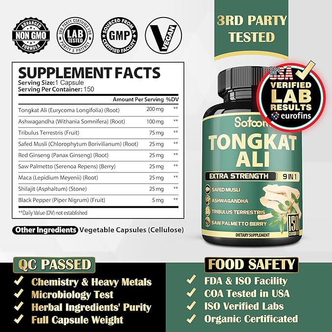 Satoomi 9in1 Tongkat Ali Root Extract 200:1 - Ashwagandha, Tribulus Terrestris - 150 Capsules for 5 Months - Support Strength, Energy & Healthy Immune