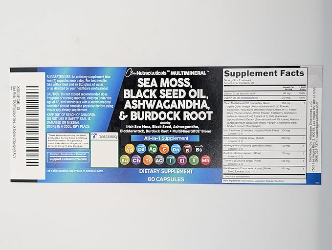 Clean Nutraceuticals Sea Moss Black Seed Oil Ashwagandha Turmeric Bladderwrack Burdock & Vitamin C Vitamin D3 with Elderberry Manuka Dandelion Yellow Dock Iodine Chlorophyll ACV - 2Pack