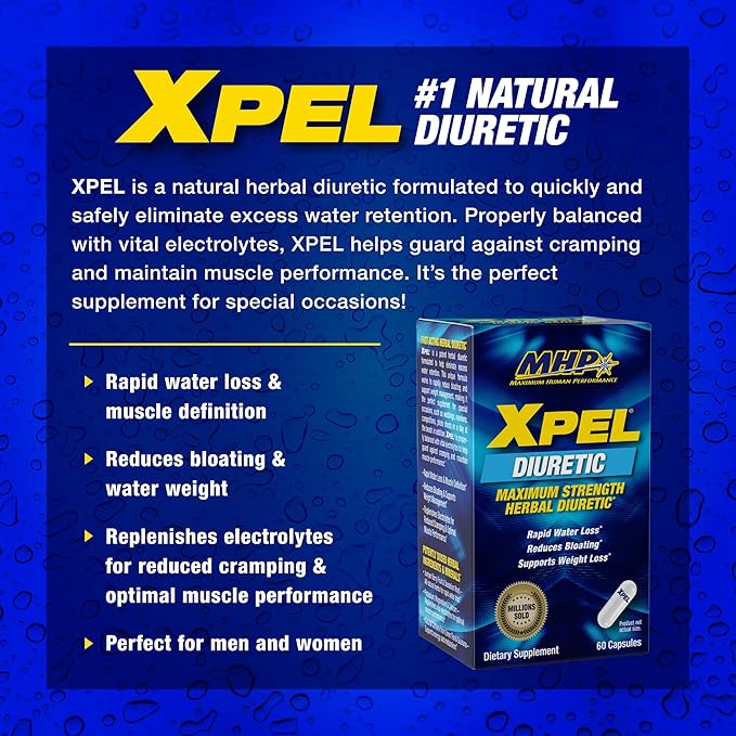 Maximum Human Performance Xpel Maximum Strength Diuretic Water Pills, for Water Retention Relief, Weight loss Support, with Vitamin B-6 Potassium Dandelion Root, 80 Capsules