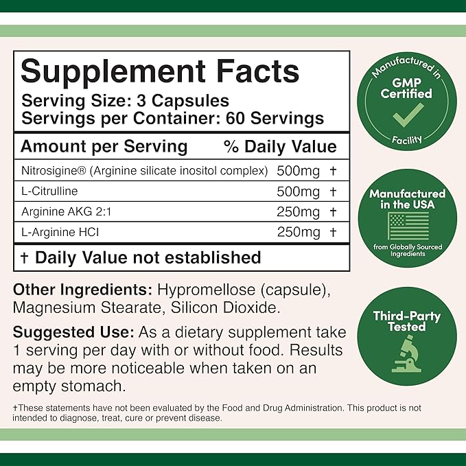 Nitric Oxide Supplement (Stim Free Pre Workout) - Nitric Oxide Booster with Nitrosigine, L Arginine, and L Citrulline (Clinically Studied to Boost No2 Nitric Oxide Flow) 180 Capsules by Double Wood