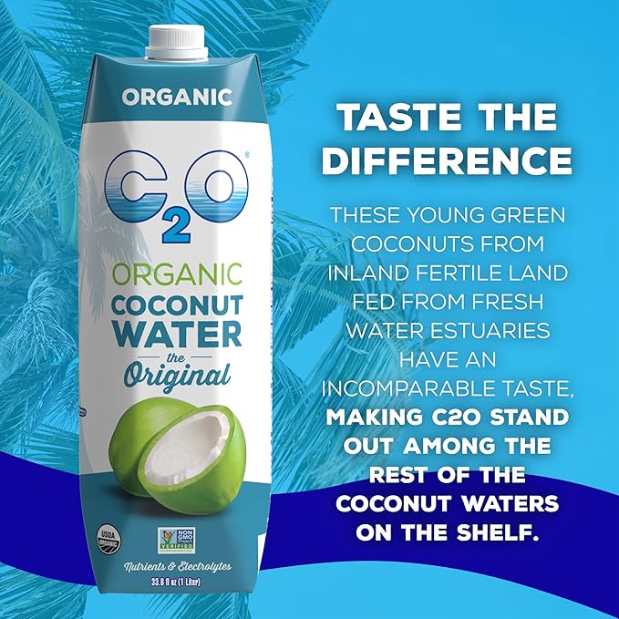 C2O - Organic Coconut Water, The Original Flavor (6 Pack) - Made with Fresh Coconut Water - Plant Based, Non GMO - Natural Hydration, Essential Electrolytes, & Potassium - 6 Tetra Packs, 33.8 FL OZ