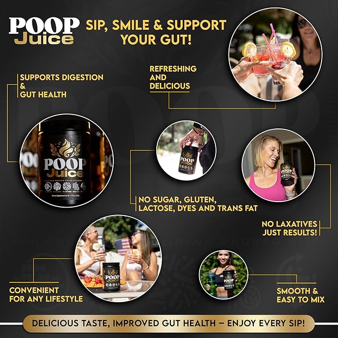 Poop Juice 5-in-1 Prebiotic, Probiotic, Postbiotic, Digestive Enzymes & Glutamine Supplement Powder - Bloat Relief, Gut & Immune Support - Sugar & Lactose-Free - 30 Servings (Georgia Peach Mango)
