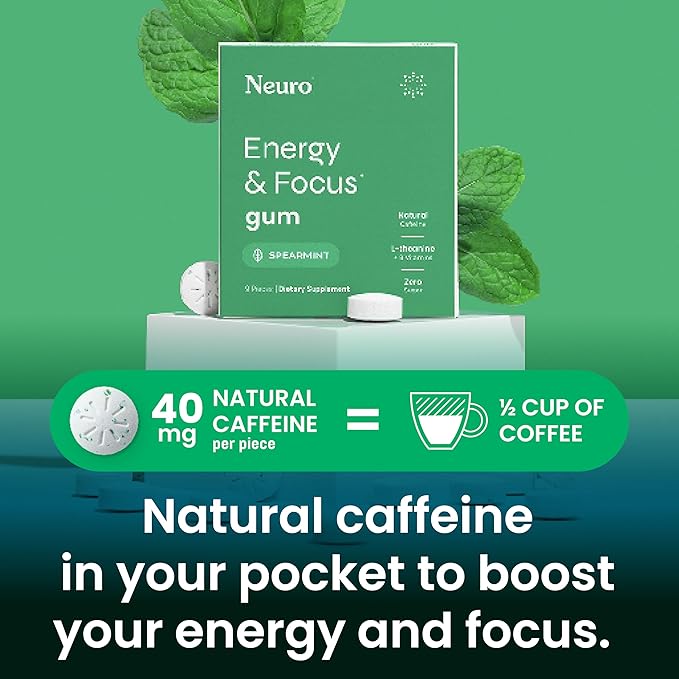 Neuro Energy Caffeine Gum (54 Pieces) - Sugar Free with L-theanine + Natural Caffeine + Vitamin B12 & B6 - Nootropic Energy & Focus Supplement for Women & Men - Keto & Vegan, Spearmint Flavor