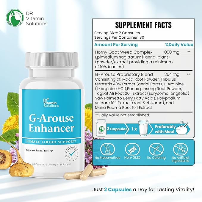 DR VITAMIN SOLUTIONS G-Arouse Enhancer for Female | Libido Booster for Women | Fast Acting Formula w/Horny Goat Weed, Maca Root, Tongkat Ali & Tribulus | Female Libido Booster for Energy, 60 Capsules