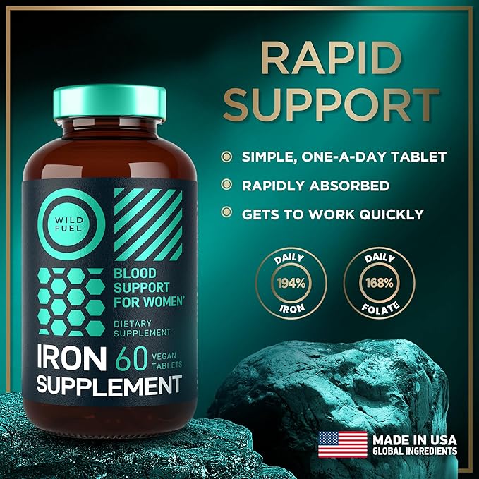 Iron Supplement for Women with Folic Acid - 35 mg Blood Builder Ferrous Sulfate, Folic Acid 400 mcg - Iron Pills for Women with Anemia & Pregnancy Support - 60 Gluten-Free, Vegan Iron Vitamin Tablets