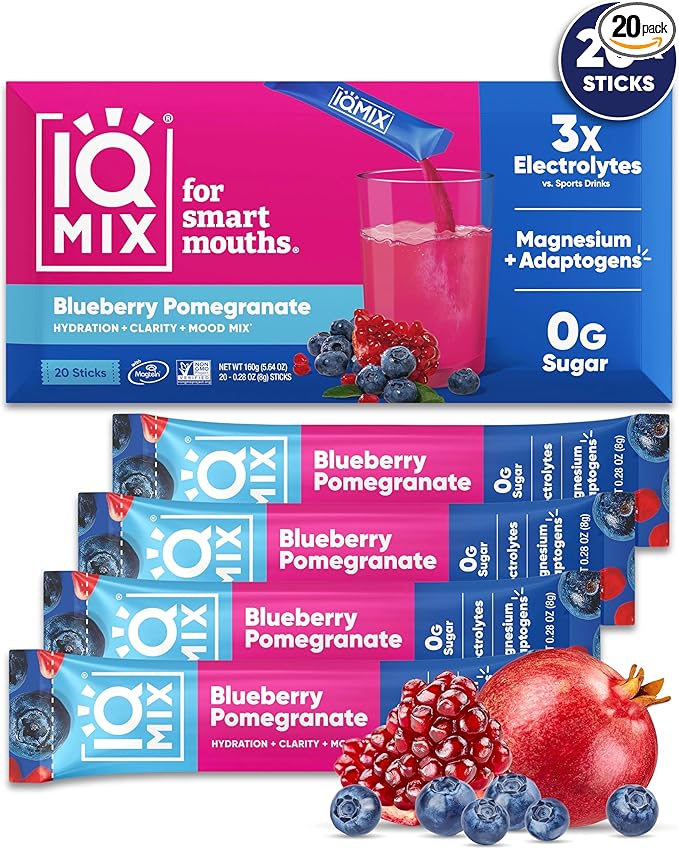 IQMIX Hydration Electrolyte Powder – 4-in-1 Formula for Hydration, Mental Clarity, Mood and Recovery – Sugar-Free Drink Mix, Keto, Magnesium L-Threonate, Lion’s Mane – 20 Count Blueberry Pomegranate