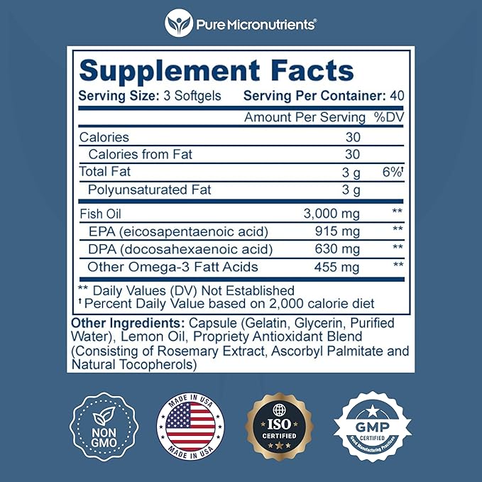 Pure Micronutrients - Omega 3 Fish Oil Supplement, EPA/DHA Fatty Acids, Burpless Fish Oil Supplements with Lemon - Heart, Eye, Brain & Immune Support - 120 Softgels