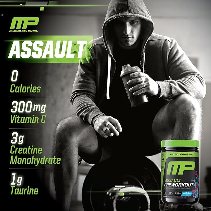 Muscle Pharm Assault Energy & Strength Pre Workout Powder for Men & Women with Beta Alanine, Caffeine, Creatine & Betaine Anhydrous, Pre-Workout Supplements, 30 Servings, Blue Raspberry Flavor