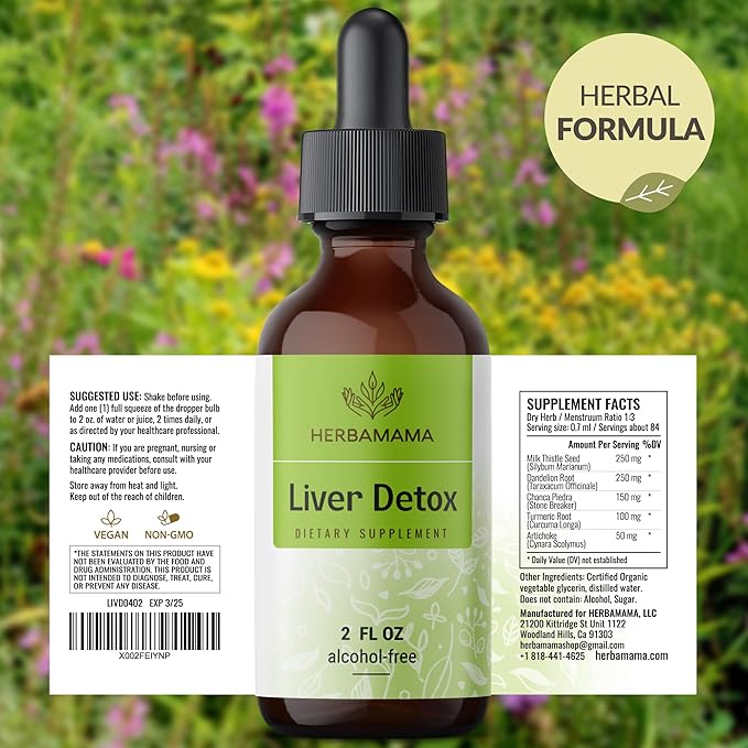 HERBAMAMA Liver Support Tincture - Vegan Liver Detox Liquid Drops with Milk Thistle, Dandelion Root & Chanca Piedra - Non-GMO, Alcohol & Sugar-Free Liquid Cleanse Supplement, 42-Day Supply