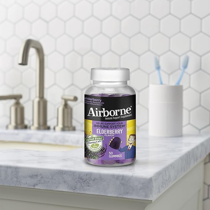Airborne Elderberry + Zinc & Vitamin C Gummies For Adults, Immune Support Vitamin D & Zinc Gummies With Powerful Antioxidant Vitamins C D & E - 50 Gummies, Elderberry Flavor