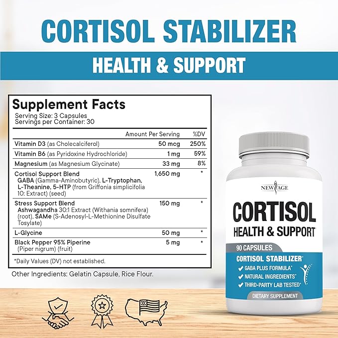 NEW AGE Cortisol Supplement for Women - Cortisol Detox Manager Reducer - Ashwagandha, GABA, 5 HTP, L-Tryptophan, L-Theanine - 270 Count