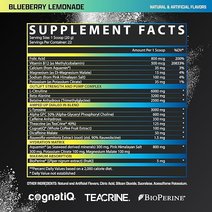 OUTLIFT Amped Max Dosed HIGH STIM Pre Workout Powder, 6G Citrulline, 3.2G Beta Alanine, Alpha GPC, CognatiQ, Extreme Energy, Massive Pumps, Electrolytes, Nootropics Blueberry Lemonade - 22 Serv