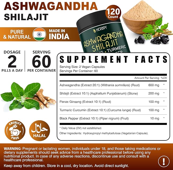 5in1 Ashwagandha Extra Strength with Shilajit for Stamina, Energy & Relaxation Support - Plus Ginseng, Turmeric Root & Black Pepper - 120 Count