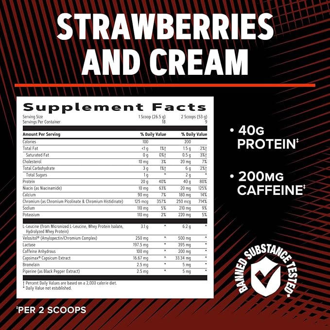 GNC AMP Wheybolic Ripped Protein Powder & Thermogenic Protein Supplement, Muscle Strength & Size, Energy & Endurance, 40g Protein, 6.2g Leucine, 15g EAA, Caffeine, Strawberries and Cream, 9 Servings