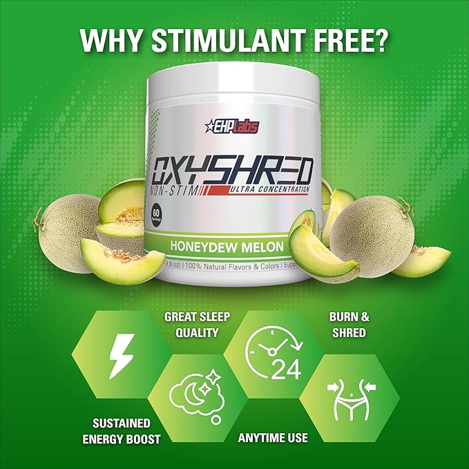 EHP Labs OxyShred Non Stimulant Pre Workout Powder - Stim Free Pre Workout, Caffeine Free Preworkout for Men & Women with L Glutamine & Acetyl L Carnitine - Honeydew Melon, 60 Servings