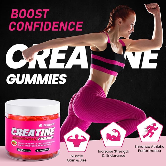 Creatine Monohydrate Gummies 5000mg for Men & Women, Gomitas de Creatina 5g Creatine Monohydrate,0g Sugar Chewables Creatine Pre-Workout for Muscle Strength, Vegan (Strawberry 2)