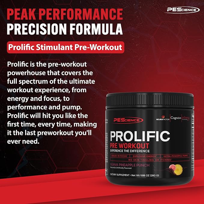 PEScience Prolific Energy Pre Workout – L Citrulline for Nitric Oxide, Rhodiola & CDP Choline Nootropic for Focus – Preworkout for Men & Women – 40 Scoops, Guava Pineapple Punch