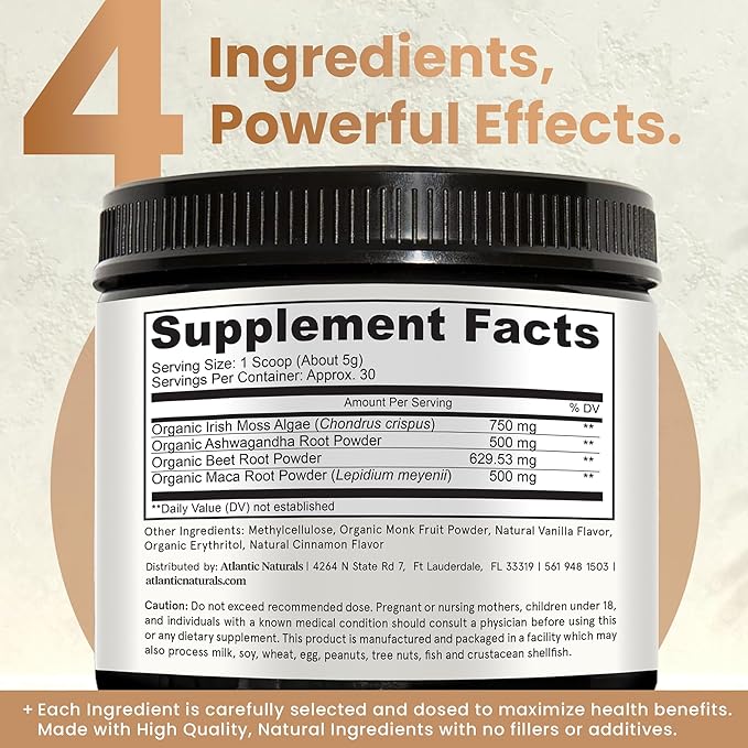 Atlantic Naturals Sea Moss Superfood Powder with Ashwagandha, Beet Root, and Maca Root - Sea Moss Powder Supports Healthy Skin, Athletic Performance, and Positive Mood - Vanilla Flavor (150g)
