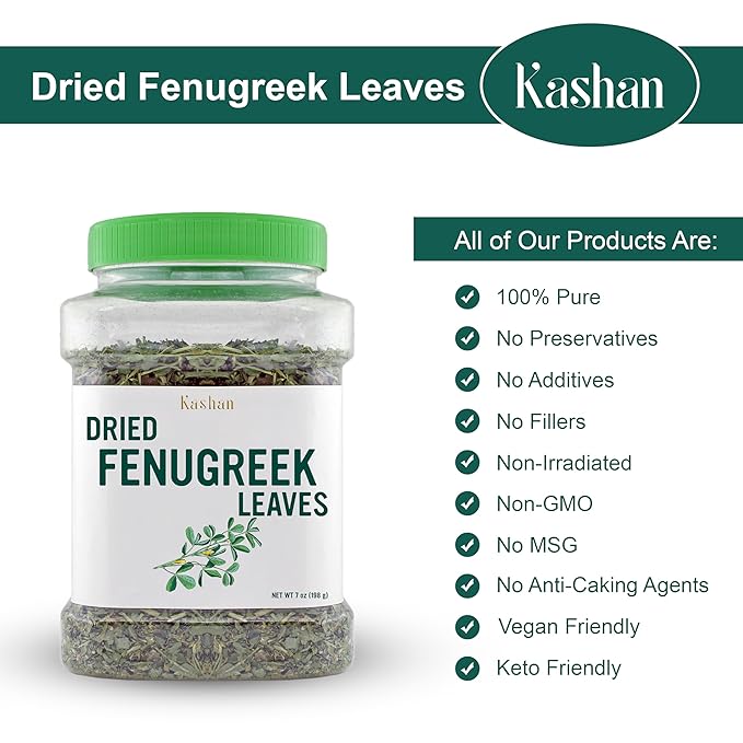 Kashan Dried Fenugreek Leaves, Kasuri Methi, Great for Cooking & Food Flavoring, Middle Eastern Cuisine and Aromatic Seasoning, Vegetarian 7oz (198g)