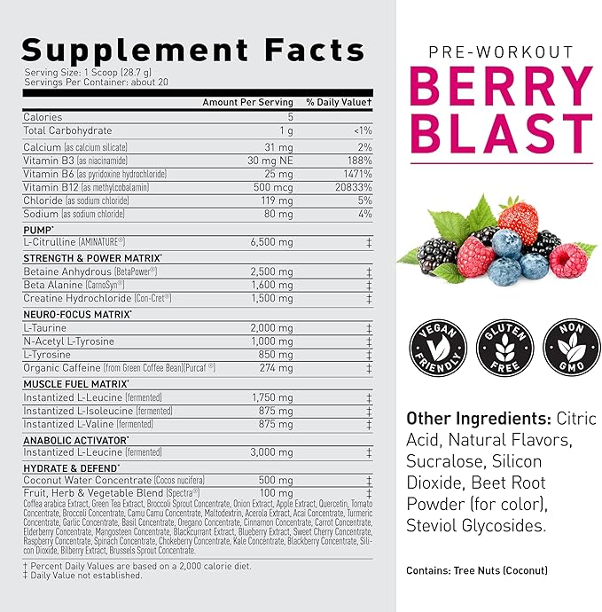 Kaged Original Pre Workout Powder Berry Blast Pre-Kaged Formulated with Creatine, Beta Alanine, Pure Caffeine 20 Servings