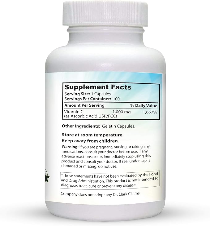 Dr Clark Vitamin C Supplement 1000mg - Gluten Free, Immunity Support, Potent antioxidant, Supports Brain Function, Promotes Tissue Formation and Repair, 100 Gelatin Capsules