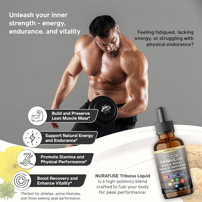 Organic Tribulus, Maca Root, Panax Ginseng, Ashwagandha Liquid Drops – 1670mg per Serving, Ultra Potent, Natural Taste, USA Made & Lab Tested – 2 FL OZ (60ml)