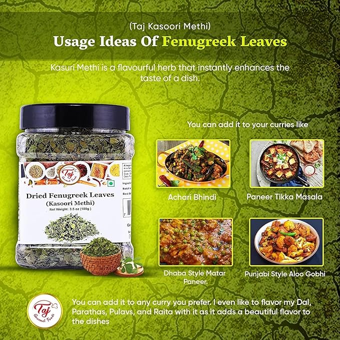TAJ Kasoori Methi, Dried Fenugreek Leaves Pouch | 1 Pound Bulk Pack