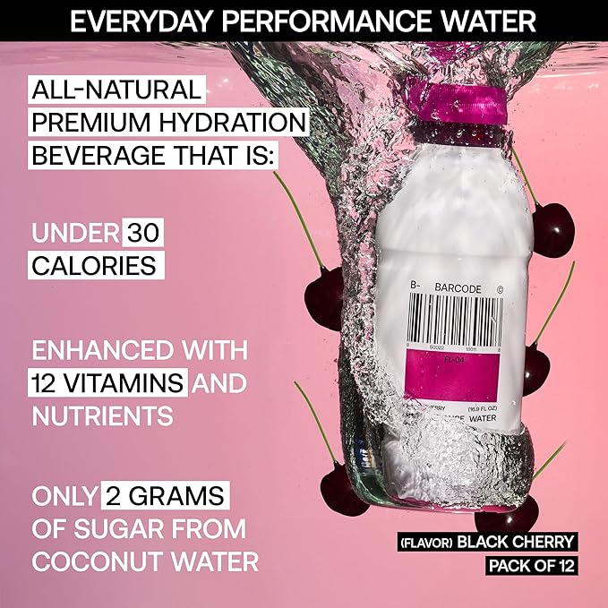 Barcode Premium Sports Hydration Drink - No Added Sugar - Adaptogen Drink with Electrolytes, Black Cherry, 12 Pack - Plant-Based Beverage - 12 Vitamins & Minerals - Ashwagandha & Magnesium