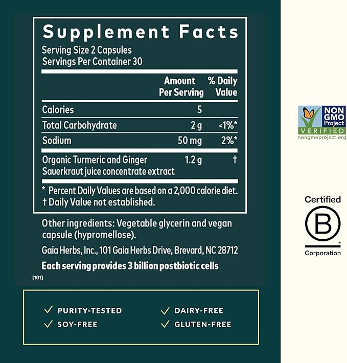 Gaia Herbs Ginger-Turmeric Postbiotic - Premium Digestive Support Supplement for Gut Health - Made with Fermented Turmeric & Ginger - Free from Dairy, Soy & Gluten - 60 Vegan Capsules (30 Servings)