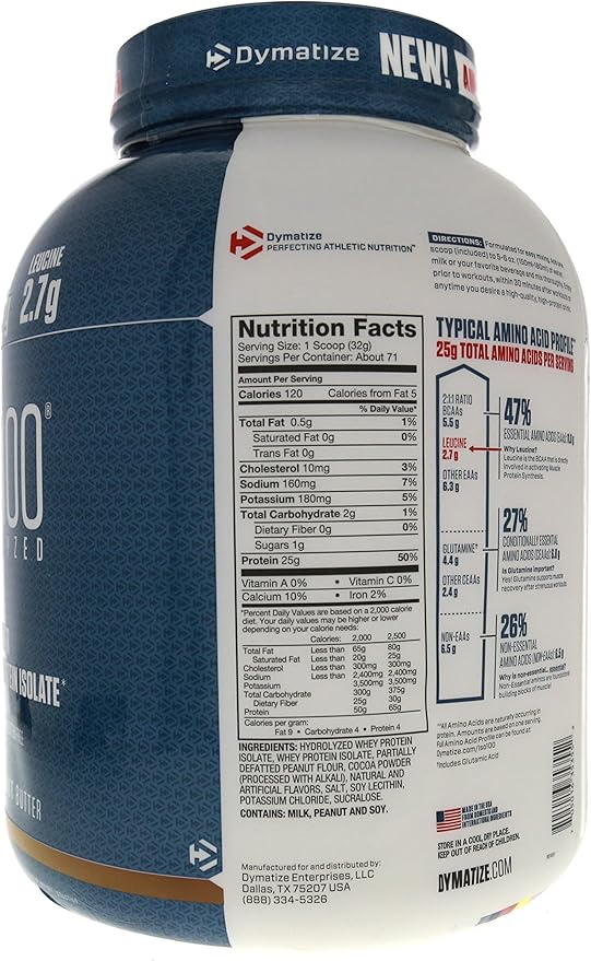 Dymatize ISO100 Whey Protein Powder Isolate, Chocolate Peanut Butter, 25g of Protein, 5 Pound, 5.5g BCAAs, Less Than 120 Cal., Gluten Free, 1g Fat, 1g Sugar, 2g Carb