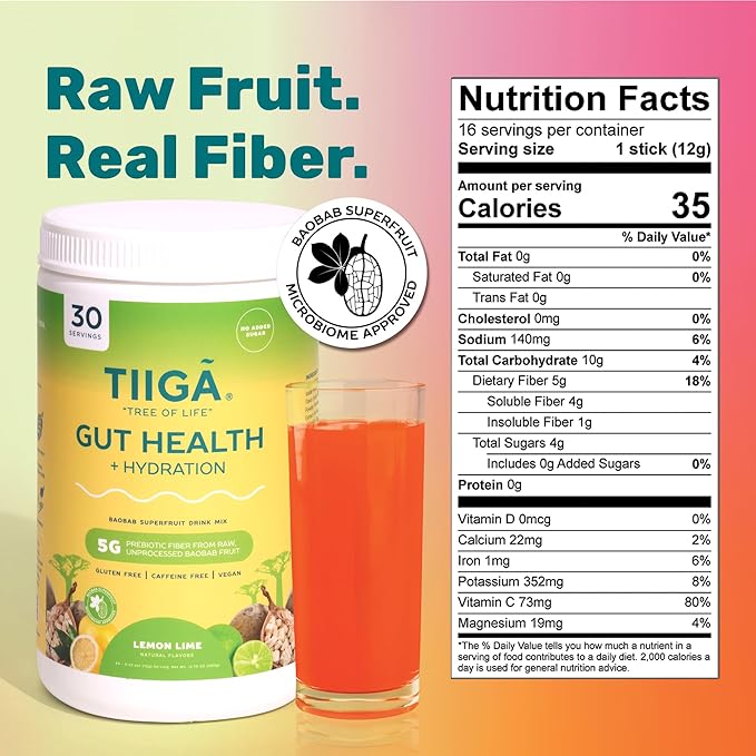 Tiiga 2-in-1 Gut Health + Hydration Drink Mix – Natural Debloat Formula with 75%+ Baobab & Coconut Water. High in Antioxidants, Prebiotics, Zero Added Sugar, Supports Digestion, Energy & Helps Debloat