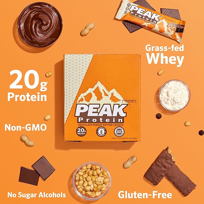 BARS - Chocolate Peanut Butter Crunch - Natural - Grass-Fed Whey - 20G Protein - Non-GMO - Gluten Free (12 Bars)