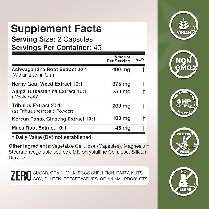 Gade Nutrition Ashwagandha with Maca Root, Horny Goat Weed, Turkesterone Supplement, Tribulus Terrestris, Panax Ginseng | 90 Vegetable Capsules for Energy, Stamina, Performance. | Made in USA