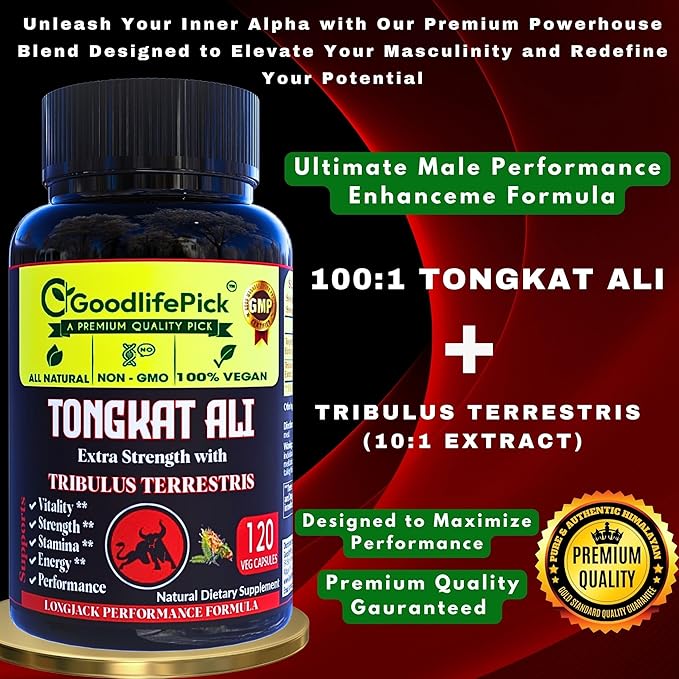 Extra Strength Tongkat Ali with Tribulus Terrestris. Powerful (100:1) Longjack/Tongkat Ali Extract. 120 Veg Capsules Tongkat Ali for Men.All Natural, Non-GMO,Vegan, No Stearate, No Rice Powder