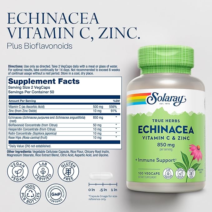 SOLARAY Echinacea Vitamin C & Zinc 850mg Plus Bioflavonoids, Echinacea Capsules for Healthy Immune Support, Vegan, Lab Verified, 60-Day Money-Back Guarantee, 50 Servings, 100 VegCaps