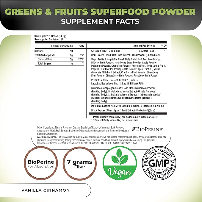 Nutrology Greens & Fruits Powder-Naturally Sourced Superfood, Beet Powder, Mushroom Blend, Probiotics, Digestive Enzymes, Fiber, Antioxidants, Immune Support, Gluten Free - Vanilla Cinnamon