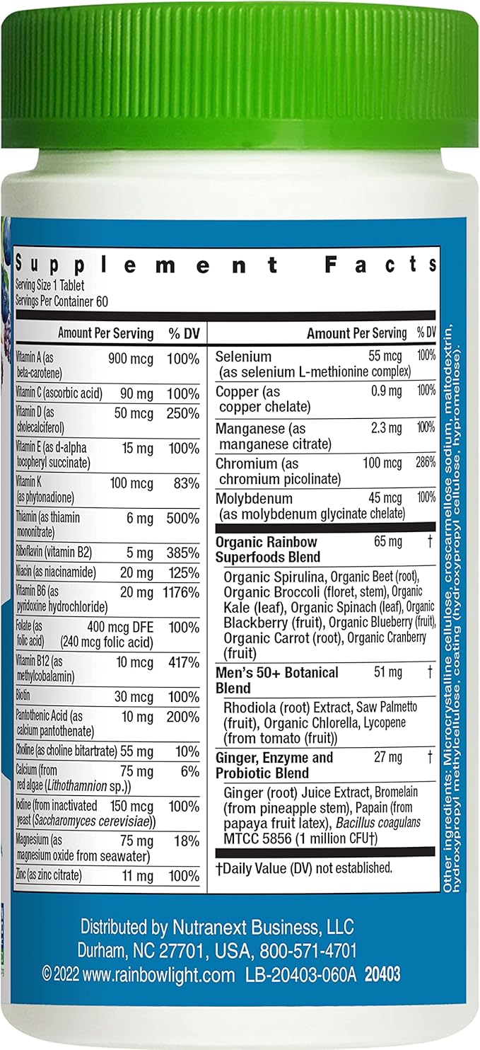 Rainbow Light Multivitamin for Men 50+, Vitamin C, D & Zinc, Probiotics, Men's One 50+ Multivitamin Provides High Potency Immune Support, Non-GMO, Vegetarian, 60 Tablets