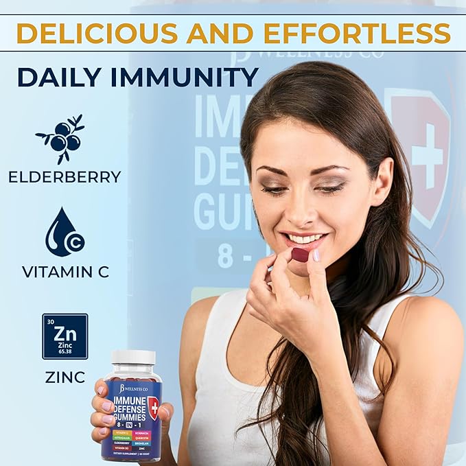 8 in 1 Immune Defense Booster Supplement Gummies with Astragalus Root, Vitamin C and Zinc, Vitamin D3, Elderberry and Quercetin (2 Pack)
