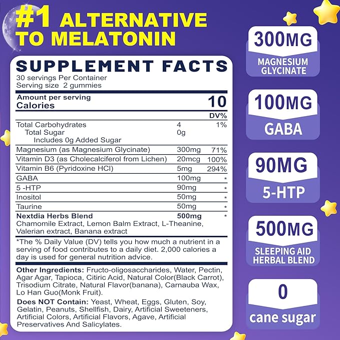 Melatonin Free Sleep Gummies with Magnesium Glycinate, GABA, 5-HTP, L-Theanine, Valerian, Chamomile, Lemon Balm, Vitamin D3 & B6 - Hormone & Drug- Free, Non-Habit Forming,Sugar Free