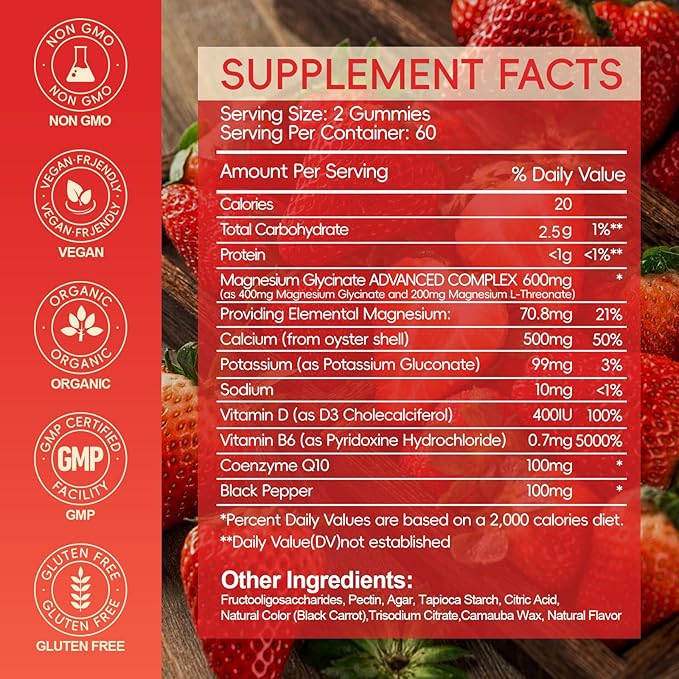 Magnesium Glycinate Gummies 600mg, Chewable Sugar Free Potassium Magnesium Gummies with Magnesium Glycinate, Vitamin D, B6 and CoQ10 for Sleep, Relaxation, Brain and Muscle, 60 Days Supply