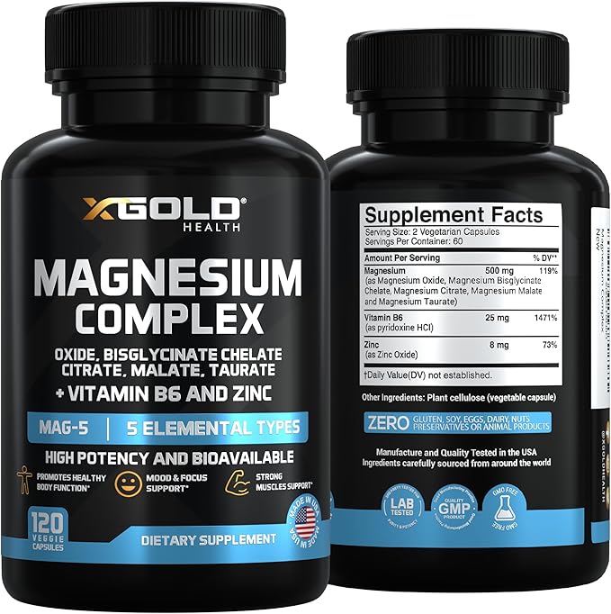 Magnesium 500mg - 7 in 1 | Magnesium Oxide, Bisglycinate Chelate,Citrate, Malate | Taurate |Vitamin B6 | Zinc | Bones, Muscle, Energy,Immune System High Absorption - Vegan- Non-GMO 120Caps