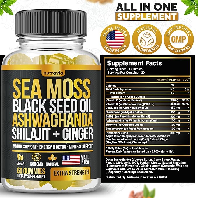 Sea Moss, Black Seed Oil, Ashwagandha, Ginger, Shilajit Gummies with Elderberry, Chlorophyll, Turmeric Bladderwrack Sea Moss Gummies Advanced Strength Formula - All in 1 Bundle - USA Made (60 Gummies)