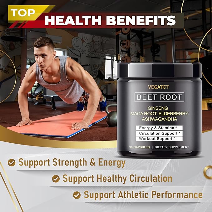 VEGATOT Beet Root *USA Made and Tested* Concentrated with Ginseng Maca Root Ashwagandha - Energy Stamina Immune Support (90 Count (Pack of 1))