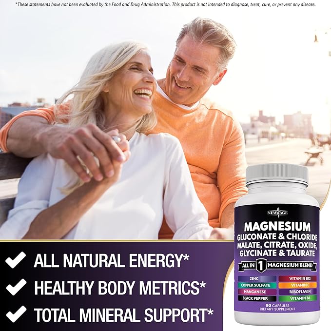 NEW AGE Magnesium Supplement -Powerful Glycinate Citrate Malate Oxide Taurate Aspartate Gluconate Orotate & Mag Chloride Manganese Bone Health and Bone Strength, Joint Support- 180 Count