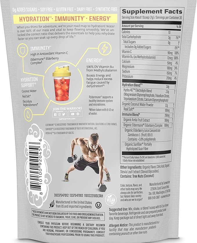 Sunwarrior Vegan Hydration Blend Electrolyes Supplement | Elderberry Coconut Water Real Salt Soy Free Sugar Free Synthetic Free Gluten Free Dairy Free | Strawberry 30 Servings | Active Hydration