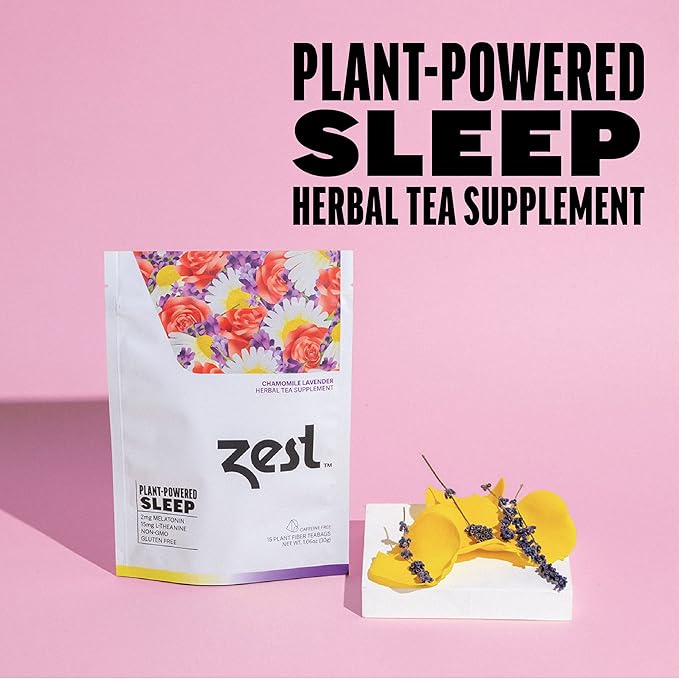 Zest Melatonin 2mg Herbal Sleep Tea - 15 Tea Bags - Chamomile Lavender Extra Strength Calming & Relaxing Bedtime Night Blend with L-Theanine