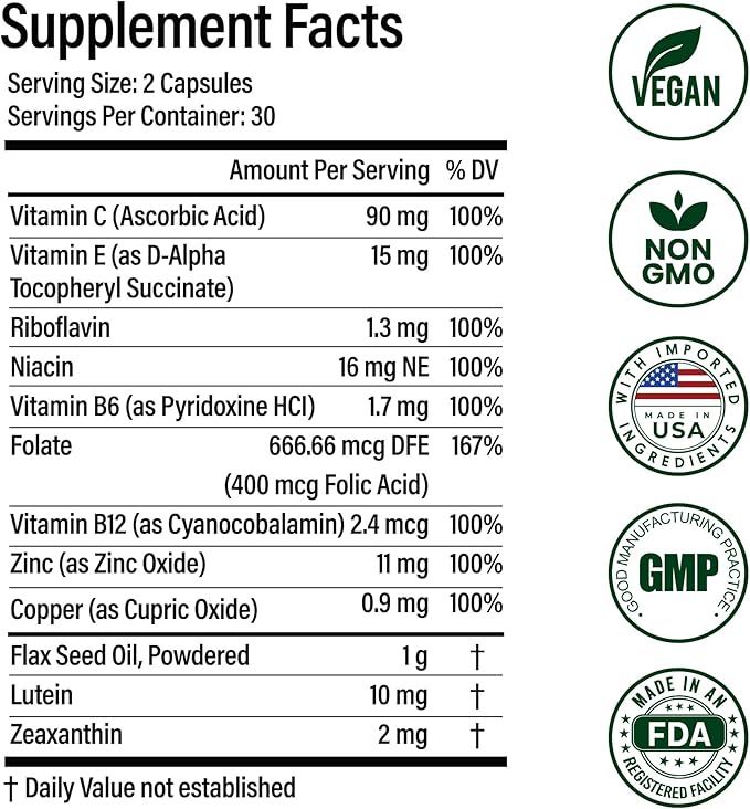 Advanced Eye Health Vitamin and Mineral Supplement with Lutein, Zeaxanthin, Omega-3, and B Vitamins - 60 Capsules